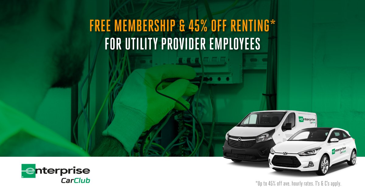 EnterpriseCarC's tweet photo. Utility technicians, installers, maintenance people &amp; key workers can get <45% off rental rates*+ FREE membership. Follow Gov. guidance on travel. *discount on avg. hourly rates. T&amp;Cs apply. https://t.co/44SPh1q810
#utilityproviders #utilities #energyproviders #broadbandservices https://t.co/SQu7swvcqM