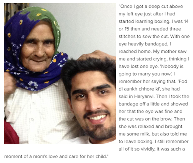 When a 14-year-old  @boxervijender reached home with his eye bandaged due to a cut, his mom said 'Fod di aank chhore ki'. He then had to lift her bandage to calm her down by showing it's fine.  http://toi.in/y-y9cb17/a24gk 