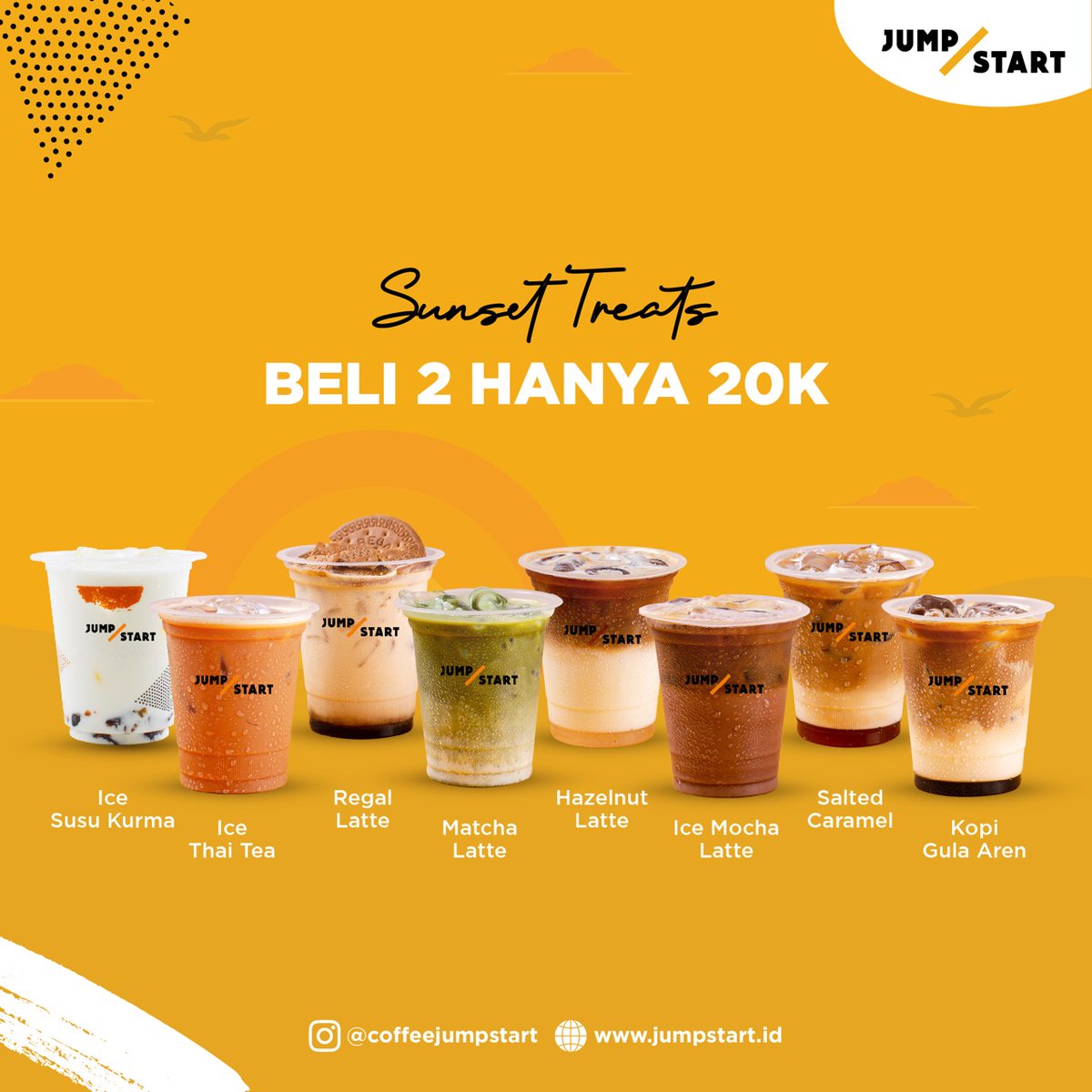 RCTIPlus's tweet photo. Buka puasa #dirumahaja lebih seru dengan @coffeejumpstart. Order sekarang minuman favoritmu dari ice susu kurma, thai tea, kopi gula aren, regal latte dan masih banyak lagi hanya di https://t.co/S5ywomu5HN dan dapetin promo Sunset Treat beli 2 hanya 20K!
#JumpStartCoffee https://t.co/1R0rboAOsW