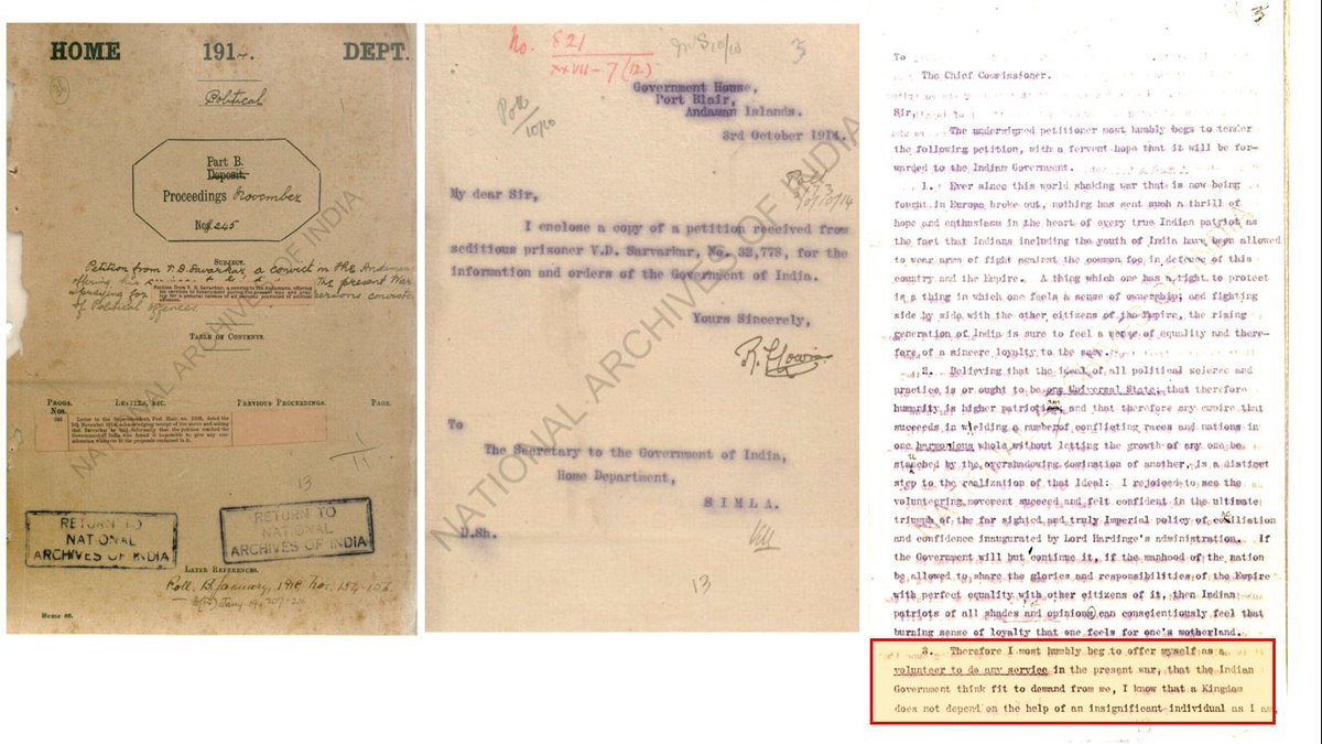 Petition of 3/10/1914 Savarkar,1) Offers to "volunteer to do any service in the present War,that the Indian gov think fit to demand”. 2)Requested the release of “all those prisoners who had been convicted for committing political offences in India”.Now let’s see Gandhi’s  https://twitter.com/vinayshindeblr/status/1259434220742561794
