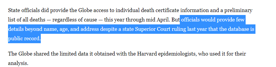 . @MassDPH refused to give the  @bostonglobe access to most of its mortality data this year, despite losing a public records lawsuit to  @bostonglobe for similar data a year ago.  #FOIA  https://www.bostonglobe.com/2020/05/09/nation/disparities-push-coronavirus-death-rates-higher/