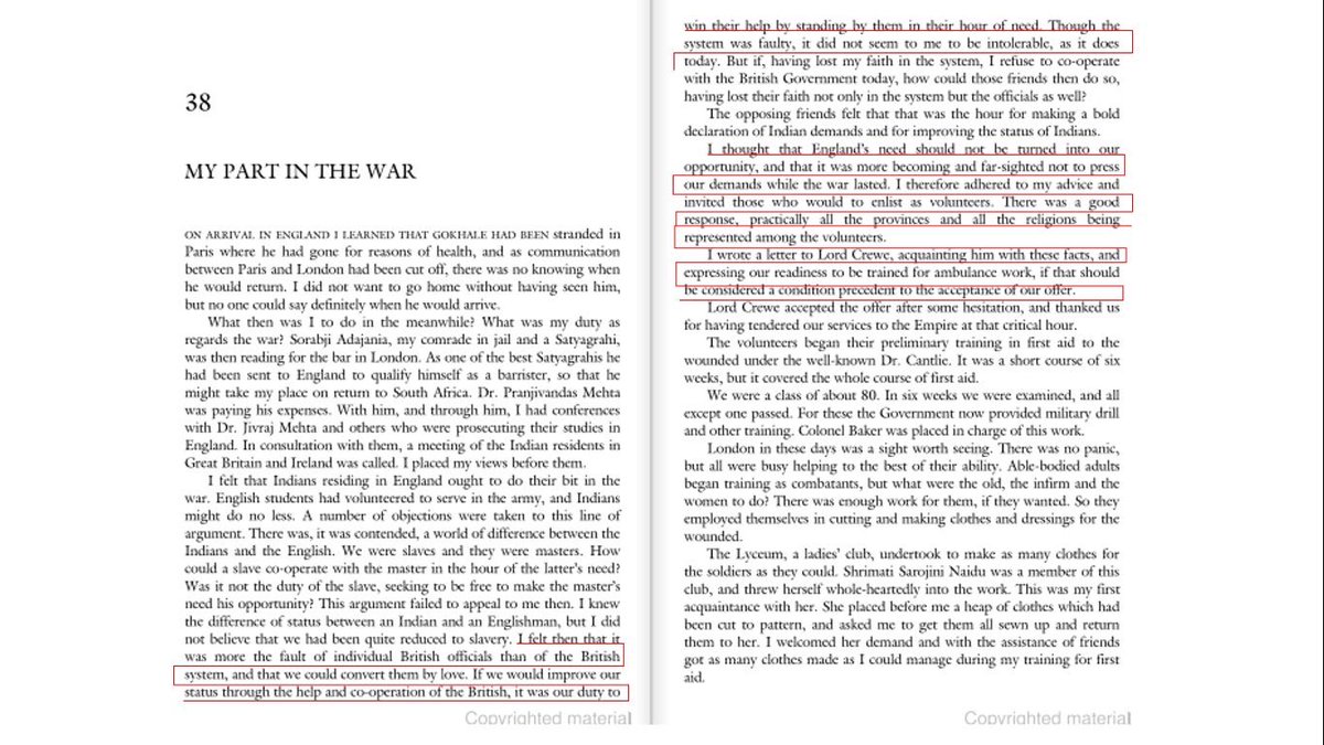 Gandhi was back in India. While traversing villages he recruited volunteers to assist the Brits in the War. He even said: “England’s need shouldn't be turned into our opportunity and that it was more becoming and far-sighted not to press our demands while the war lasted.”