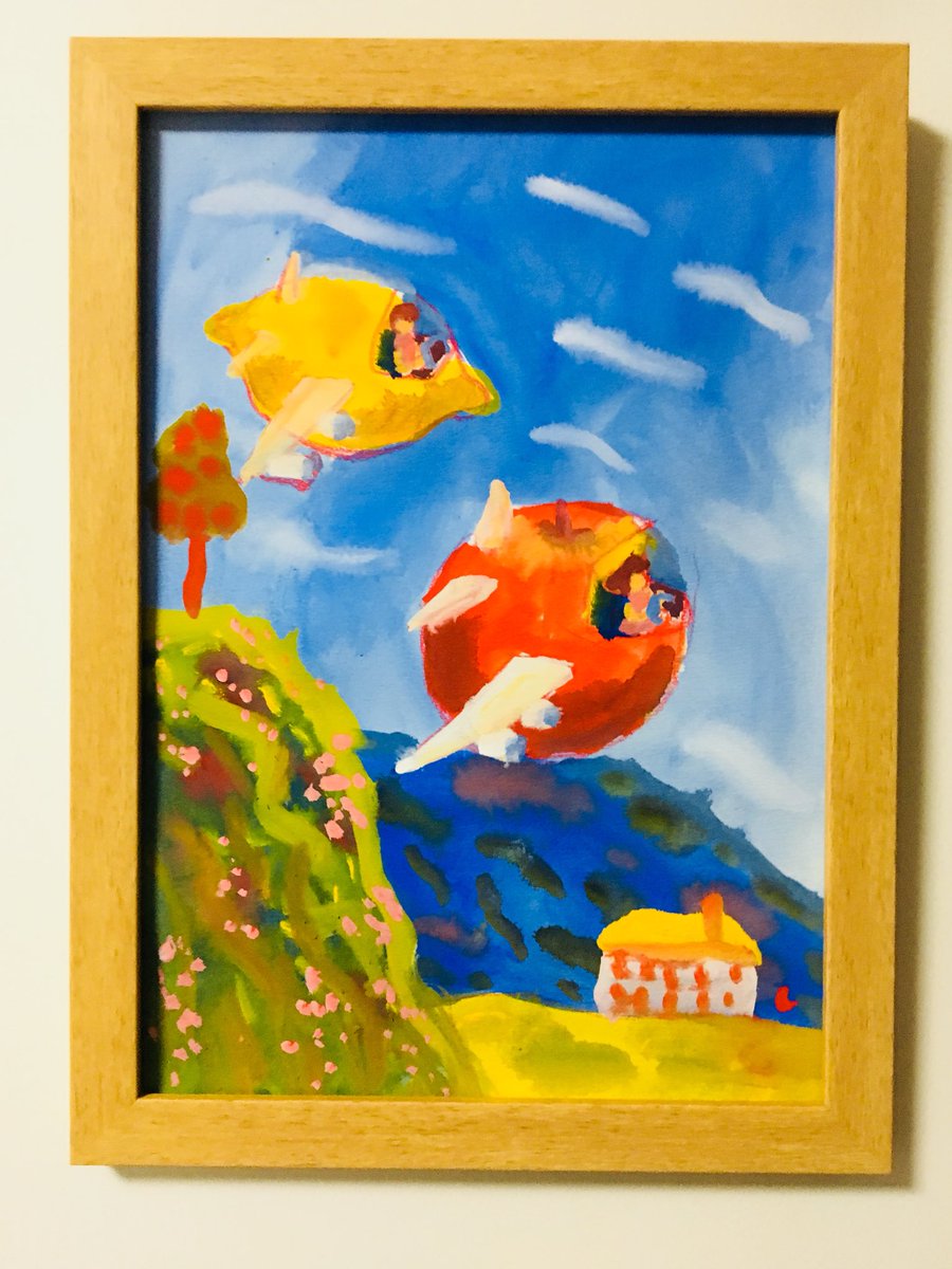 Lioncider ブゥーン りんご飛行機とレモン飛行機 Illustration Drawing Airplane Apple Lemon Fly Fruit Sky Image Art Colorful Acrylicpaint Picture Painting イラスト アート アクリルガッシュ 絵の具 絵