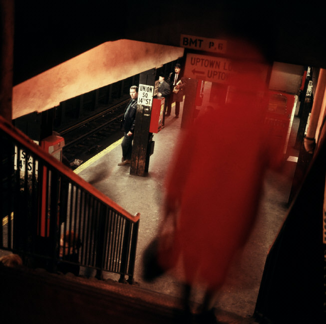 Danny didn't use a tripod for any of the photos as they weren't allowed on the subway, even when the frame had moving objects, which created a blur effect on some of the photos featuring motion. Since the color film was slow, he leaned on poles to keep his camera steady.