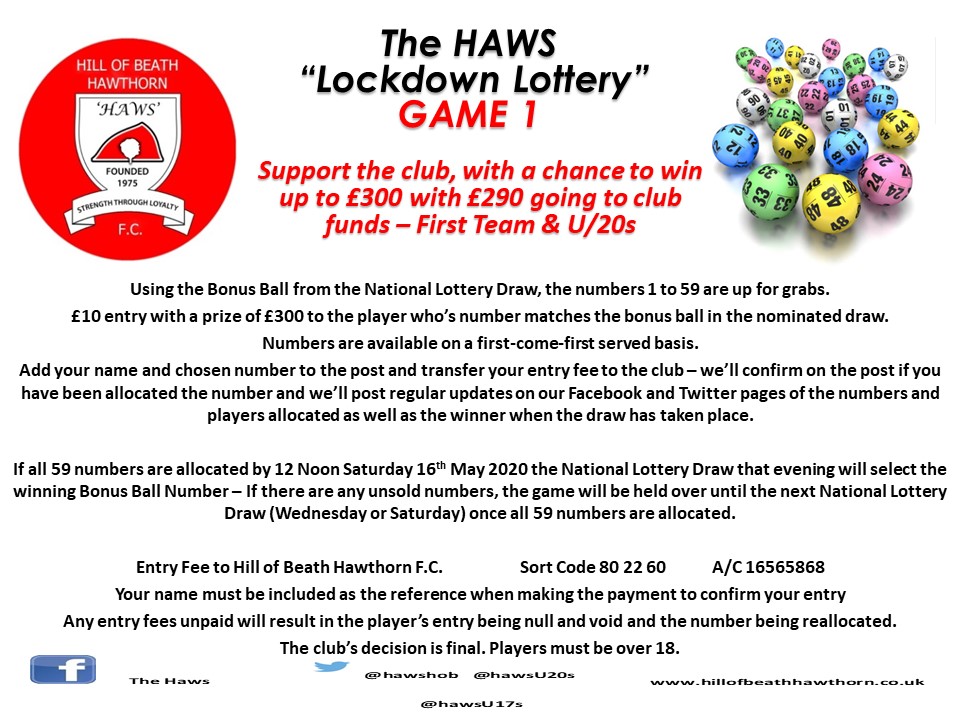 The HAWS "Lockdown Lottery" Guaranteed Winner, a little bit of fun and fundraising for the First Team &amp; U20s.
Follow the rules on the slide and get involved !
#HAWS