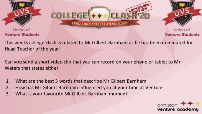 Venture_SU's tweet photo. College clash event, what 3 words best describe Mr GB or explain your faviourite Mr GB moment. Email all video clips to Mr Waters to gain college clash points. @OrmistonVenture @Venture_Achieve @Venture_Create @Venture_Aspire @Venture_Innov8 https://t.co/UOMy99Cpvs