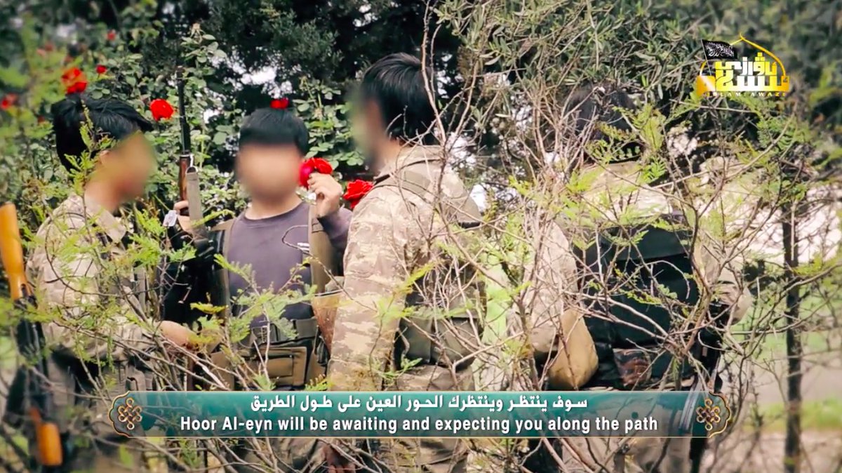 According to  @Hegghammer suicide attacks are seen as a kind of wedding celebration for jihadists, which is also why many prospective suicide bombers groom their bodies in anticipation of meeting the “Hoor al-ayn” in the afterlife. Here a still from a Feb. 2019 TIP video 6/x