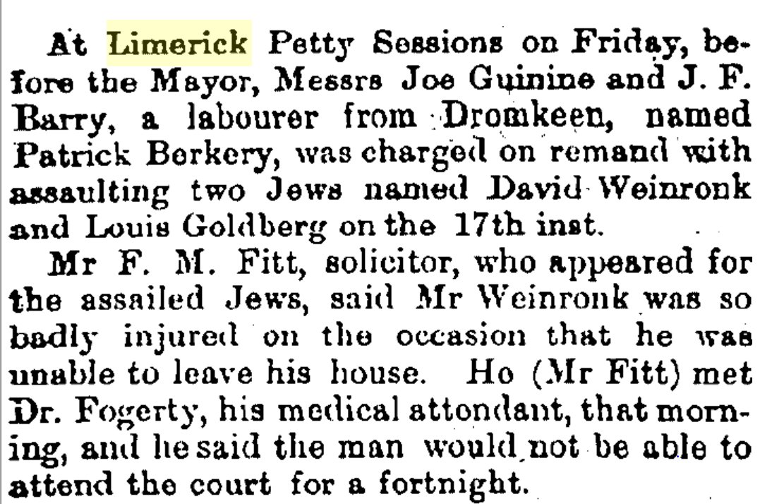 The Limerick Jewish Pogrom of 1904 is well-known. The local Jewish community lived in the Wolfe Tone area of the city. The story fascinates me and I think that the street deserves a commemorative plaque. More info here:  http://www.patrickcomerford.com/2017/07/a-hidden-cemetery-tells-story-of.html and here:  https://www.rte.ie/radio1/doconone/2016/0119/761278-incidents-in-colooney-street-limerick-jews-in-1904/