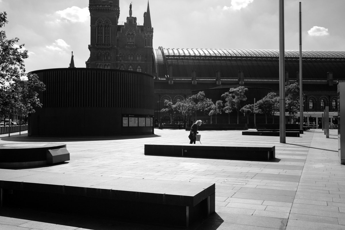 Kings Cross deserted in lockdown. A handful of trains are still running for key workers, but very few passengers milling around. All of the amenities are closed. And sadly like much of London, too many homeless sleepers.  https://www.instagram.com/sebastianepayne 