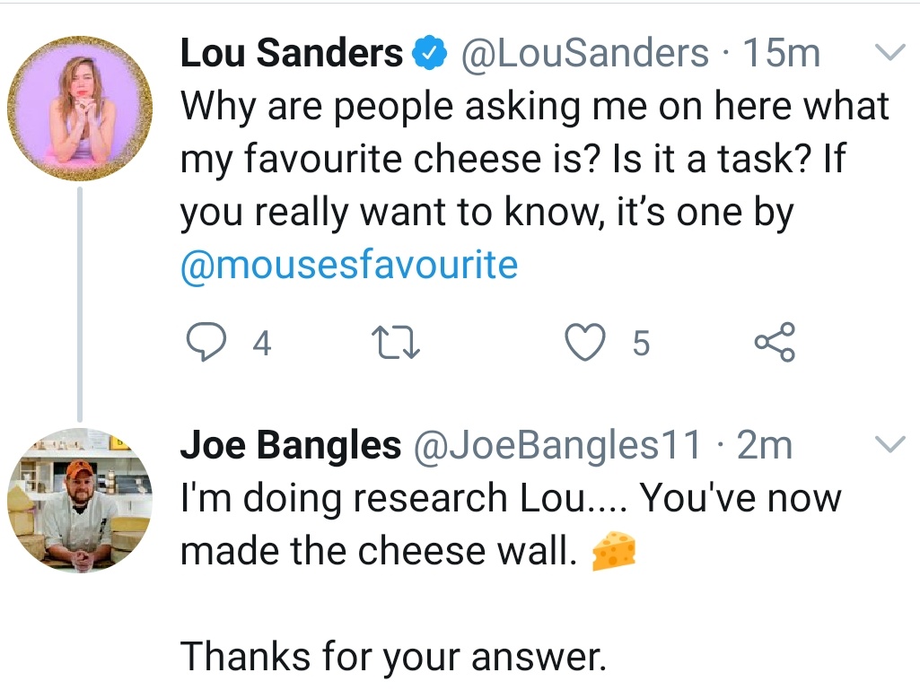 Thank you  @TonyBellew,  @JamesHarkin,  @theJeremyVine and  @LouSanders for your lovely replies (especially to Lou who clearly thinks I'm some sort of cheese pest or part or a cult ).