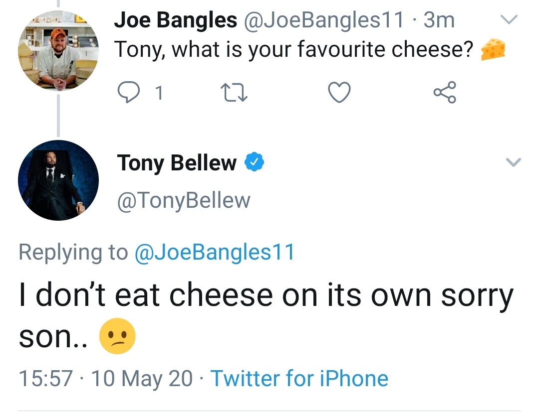 Thank you  @TonyBellew,  @JamesHarkin,  @theJeremyVine and  @LouSanders for your lovely replies (especially to Lou who clearly thinks I'm some sort of cheese pest or part or a cult ).
