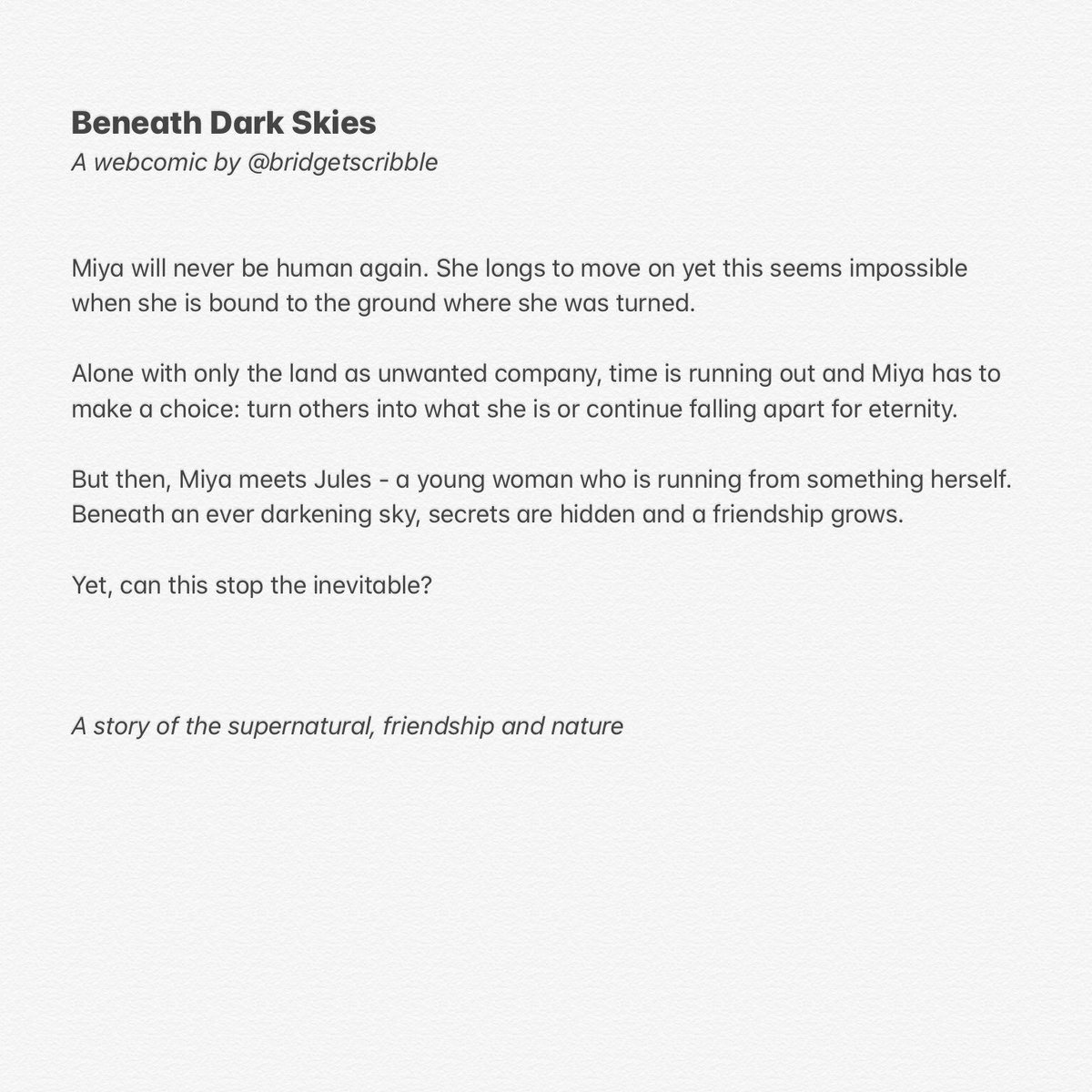 bridgetleesart's tweet photo. IT’S OUT! 

The first episode of my first webcomic ‘Beneath Dark Skies’ is on webtoon! 

Here’s the link (also in my bio): https://t.co/oCVjk0tnIm

A story of the supernatural, friendship and nature ✨

#webtoon #celebratecanvasday #webcomic #comic 🌙 https://t.co/SXt62WnWSO
