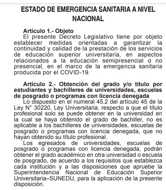 FrancoFeliziani's tweet photo. @DiaDatv @Cuarto_Poder @elcomercio_peru DECRETO LEGISLATIVO N 1496,ESTABLECE 
DISPOSICIONES EN MATERIA DE EDUCACIÓN 
SUPERIOR UNIVERSITARIA EN EL MARCO DEL 
ESTADO DE EMERGENCIA SANITARIA A NIVEL 
NACIONAL.. nos perjudica o nos favorece a los que tenemos la licencia denegada? https://t.co/ILxICCQIyi