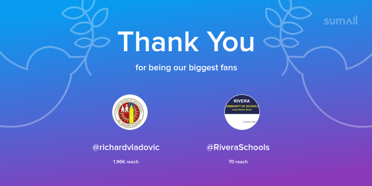 Our biggest fans this week: richardvladovic, RiveraSchools. Thank you! via sumall.com/thankyou?utm_s…