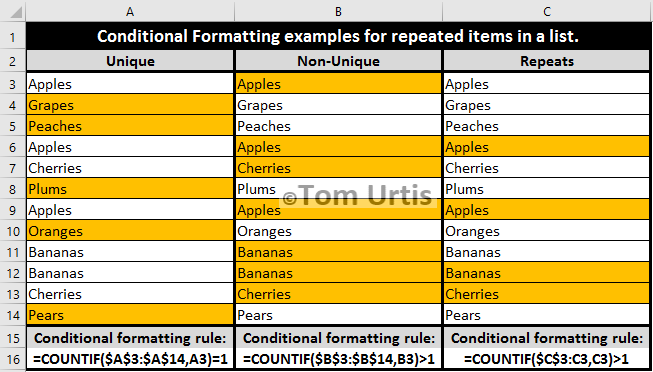 TomUrtis's tweet image. Conditional Formatting examples for repeated items in a list. #MSExcel