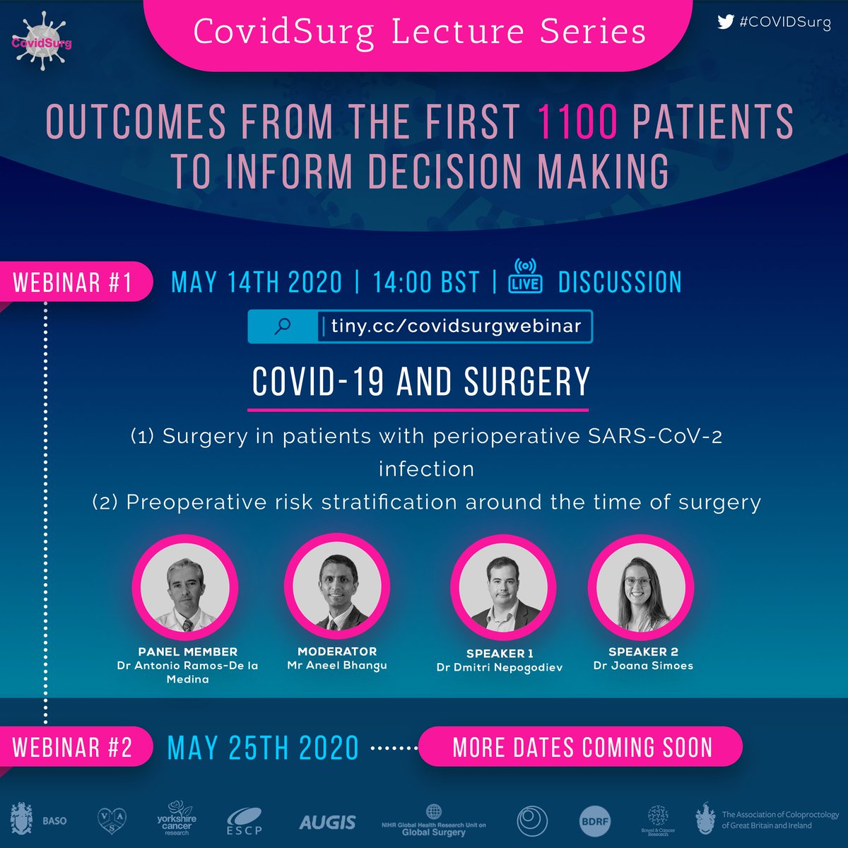 Our first analysis included 1128 patients (pan-specialty) who had peri-operative SARS-CoV-2 infection

Overall 30-day mortality was 23.8%

Join our webinar to discuss our detailed findings
tiny.cc/covidsurgwebin…

Thurs 14 May
09:00 EDT
14:00🇬🇧🇵🇹
15:00🇪🇬🇫🇷🇩🇪🇮🇹🇿🇦🇪🇸
18:30🇮🇳
23:00🇦🇺