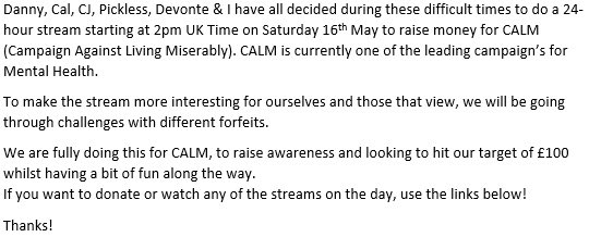 JackClays's tweet photo. *See Images*

To donate - https://t.co/5ZPi6xCAbu

Myself - https://t.co/CEThvgGyVt

Danny - https://t.co/bnczni5ZZz

Cal - https://t.co/bJMykwMcSJ

Pickless - https://t.co/RnrpuQFBSP

CJ - https://t.co/BF6aiaWDgz

Devonte - https://t.co/whx0slQOoE

#ForMentalHealth https://t.co/dHgnTqPn0y