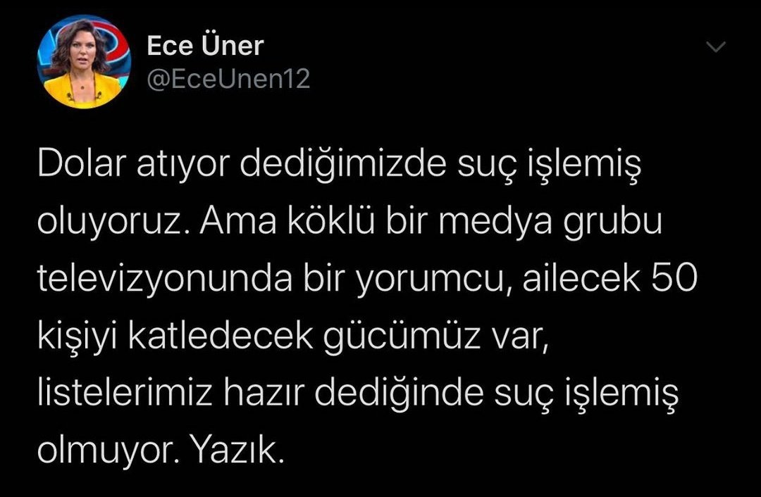 tespiti_durum's tweet photo. Ece Üner: Dolar artıyor dediğimizde suç işlemiş oluyoruz. Ama köklü bir medya grubu televizyonunda bir yorumcu, ailecek 50 kişiyi katledecek gücümüz var, listelerimiz hazır dediğinde suç işlemiş olmuyor. Yazık.

#Dolar720 #SevdaNoyanTutuklansın #SevdaNoyan https://t.co/9HOd8SI8oI