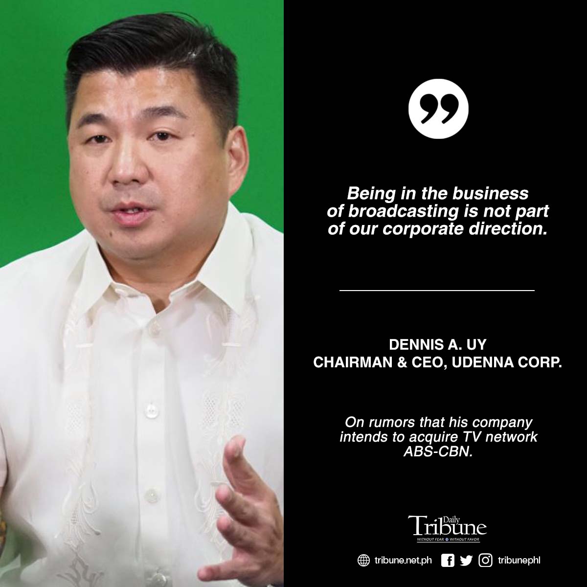 tribunephl's tweet photo. Udenna Corp. Chairman and CEO Dennis Uy is hoping that the issue of ABS-CBN's expired franchise can be resolved the soonest. #abscbn #udenna #dennisuy https://t.co/n0KyhsPwPK