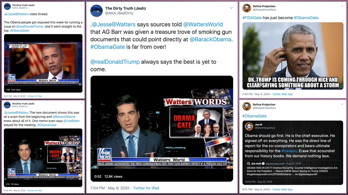 The  #ObamaGate activity began on 5/9 with  #MAGA accounts linking a Fox News clip (later shared by Trump's account) that used the term. One of the early adopters,  @SheepKnowMore, is oddly similar to banned  #QAnon account  @StormIsUponUs and was created a week after the suspension.