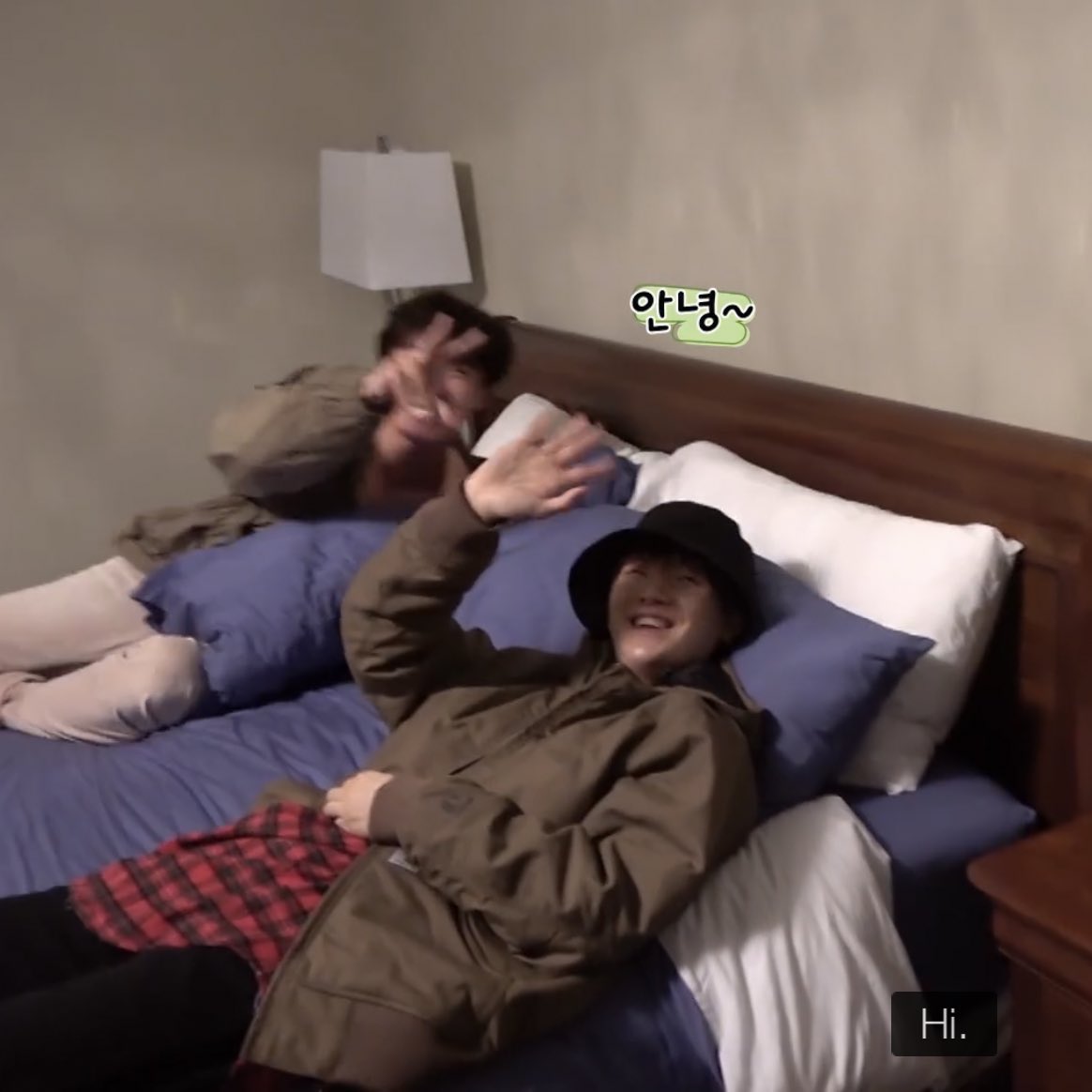 Yoongi and Hobi waving to Namjoon on the bed, HIS REACTION SJDKSKK