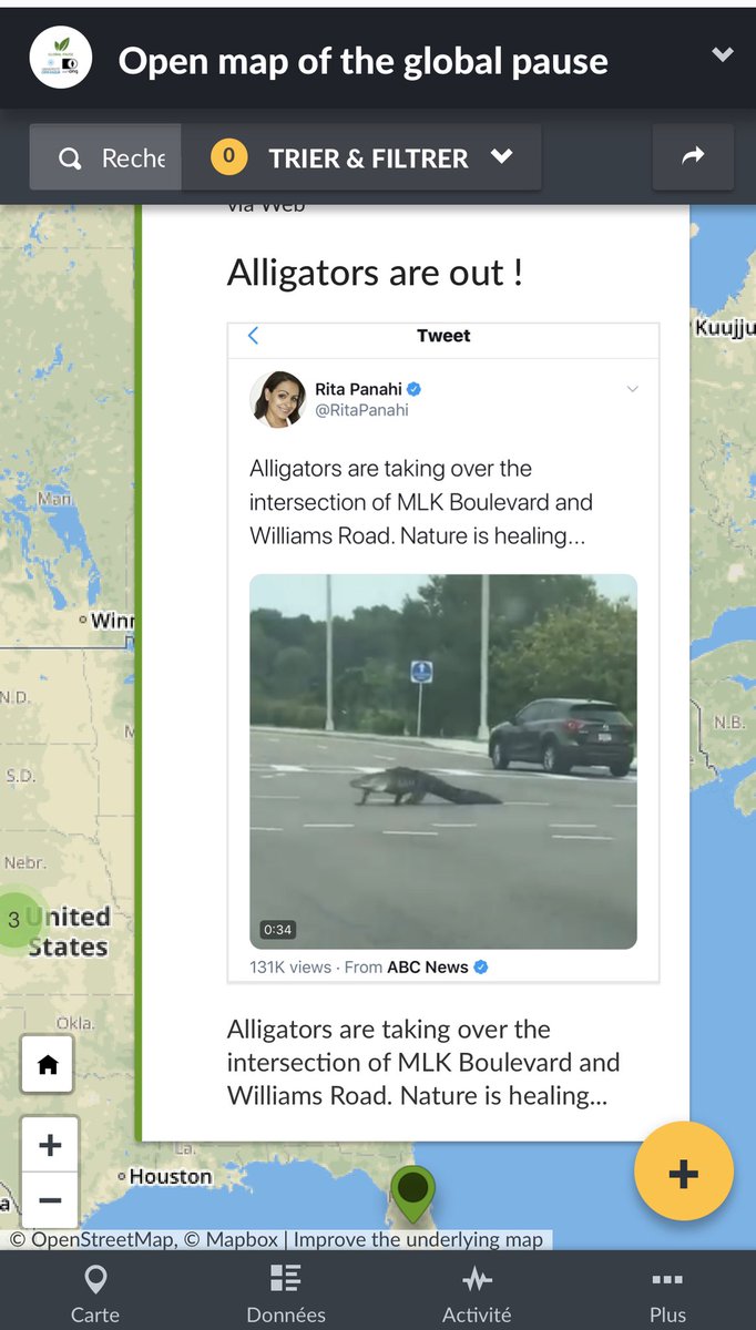 Voilà à quoi ressemble l'OPEN MAP OF THE GLOBAL PAUSE 
Et les premières épingles arrivent! Explorez ou contribuez à la map ⬇️⬇️⬇️
globalpause.ushahidi.io/views/map