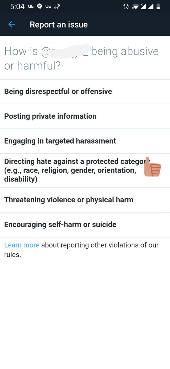 6. If an account is misgendering, slandering a race or disability that involves bts and army, report under hate towards protected category.