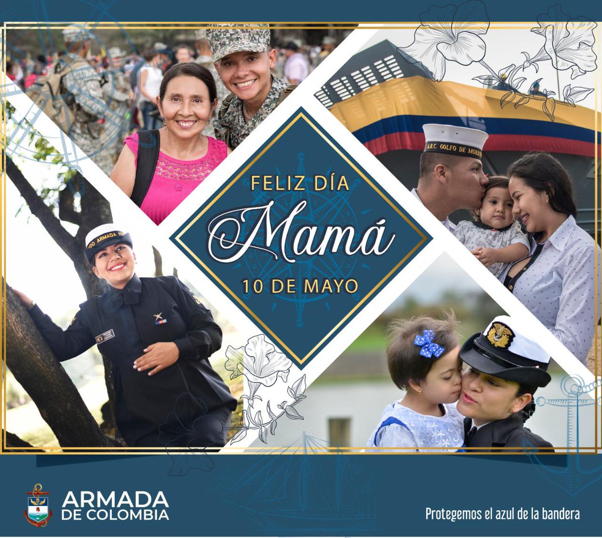 ArmadaColombia's tweet image. #FelizDiaDeLasMadres Con el #CorazónAzuLado los Marinos de Colombia les deseamos un feliz día a todas las madres que siempre están presentes para guiar el camino de sus hijos; en especial, a las madres de nuestros héroes y a las mujeres de mar que también ejercen el rol de mamá.