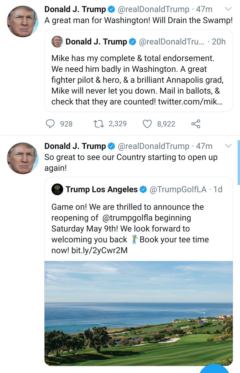 Gotta love the juxtaposition of a tweet talking about draining the swamp right after the president promotes a business that special interests and foreign governments have used to curry favor with his administration, while enriching him personally