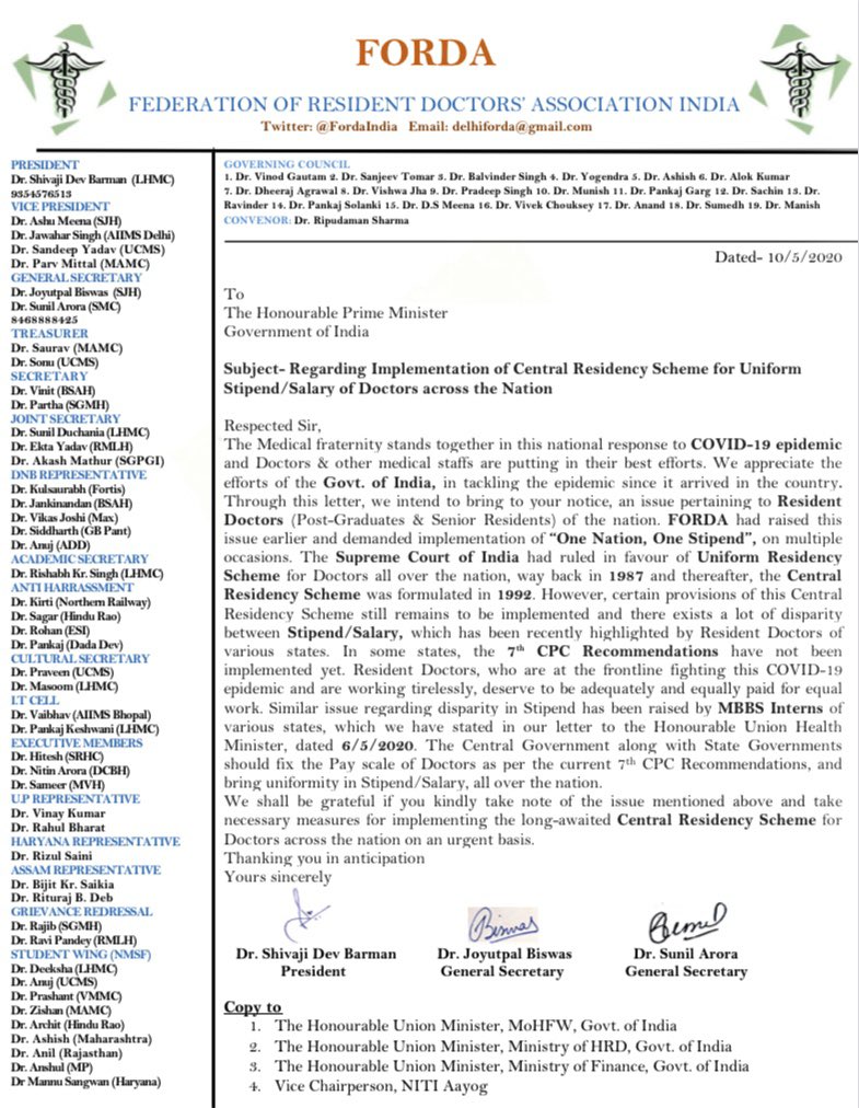 FordaIndia's tweet photo. Regarding Central Residency Scheme for Uniform Stipend/Salary of Doctors across the Nation #One_Nation_One_Stipend @PMOIndia @narendramodi @drharshvardhan @DrRPNishank @nsitharaman @NITIAayog @MoHFW_INDIA @HRDMinistry @FinMinIndia @ANI @journo_priyanka @drpankajsolanki @DrSaurav5 https://t.co/fV00ywAnlJ