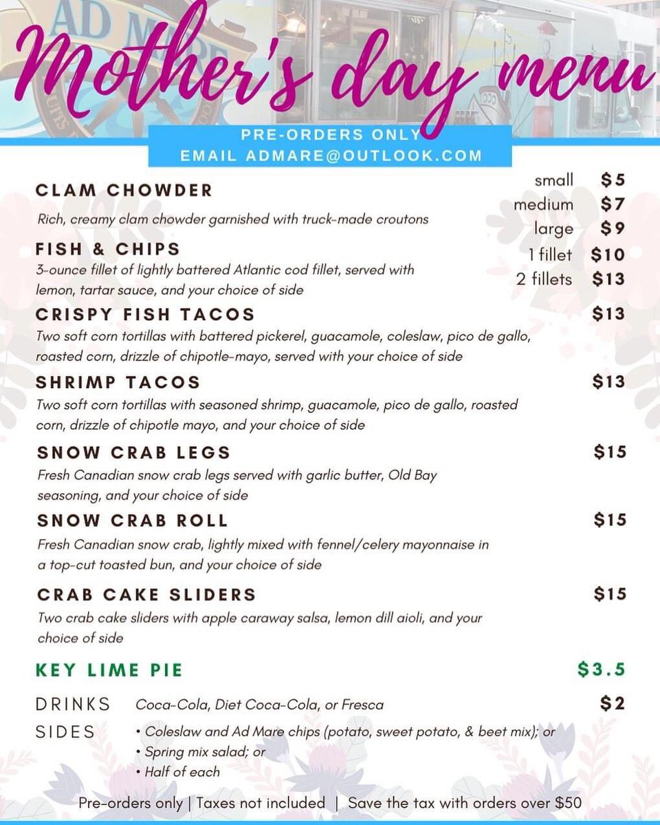 Happy Mother’s Day to all the super mamas!! Spoil her today with our Mother’s Day menu 💐 Preorder to admare@outlook.com for pickup 🐠🍤🌊