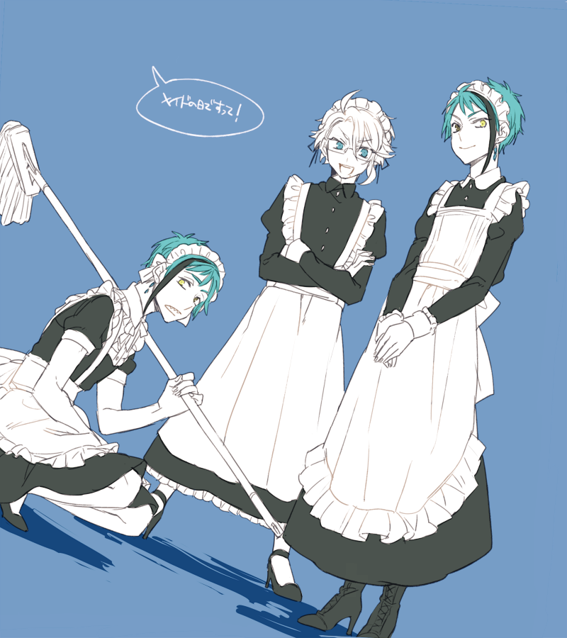 streaked hair apron maid maid headdress multiple boys 3boys enmaided  illustration images