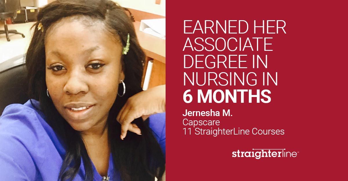 StraighterLine's tweet photo. Meet Jernesha. She completed 11 courses for her associate degree program in nursing at #Capscare. With the help of StraighterLine, she was able to complete her nursing program in 6 months. Learn more: https://t.co/UuNFHBFMei #nursing #college #degree #highered https://t.co/dKQlEo4Pvn