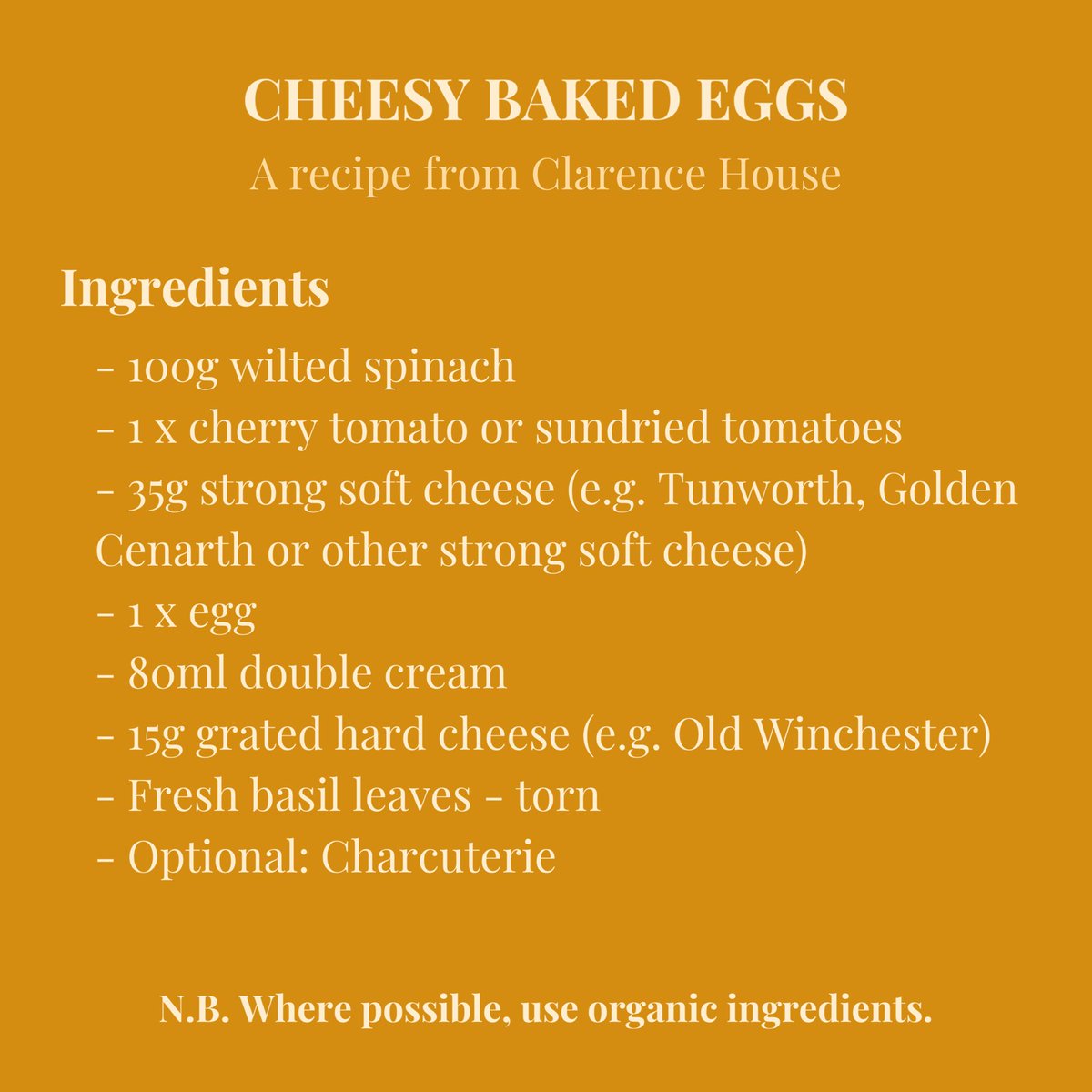 ClarenceHouse's tweet photo. A proud champion of native British cheese, His Royal Highness has released one of his favourite recipes, Cheesy Baked Eggs, which can be made by using any number of our great British cheeses. 🧀🍳 #BritishCheeseWeekender https://t.co/htogWqGFQ2