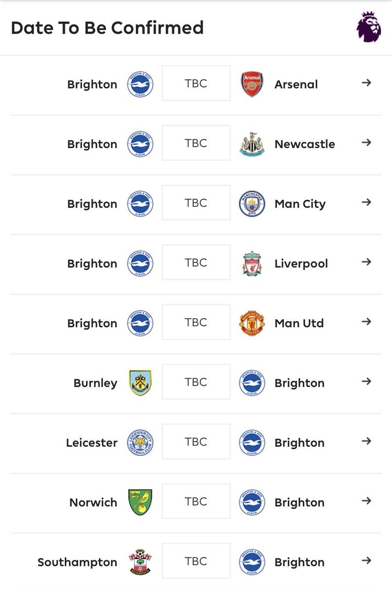 KopTalk28's tweet photo. 2 May: Brighton opposed to use of neutral venues 

3 May: Brighton open to using neutral venues if relegation removed 

8 May: FA would block Premier League attempt to abandon relegation

10 May: Three Brighton players tested positive for COVID-19

Brighton’s remaining fixtures: https://t.co/U08k1RVMJ2