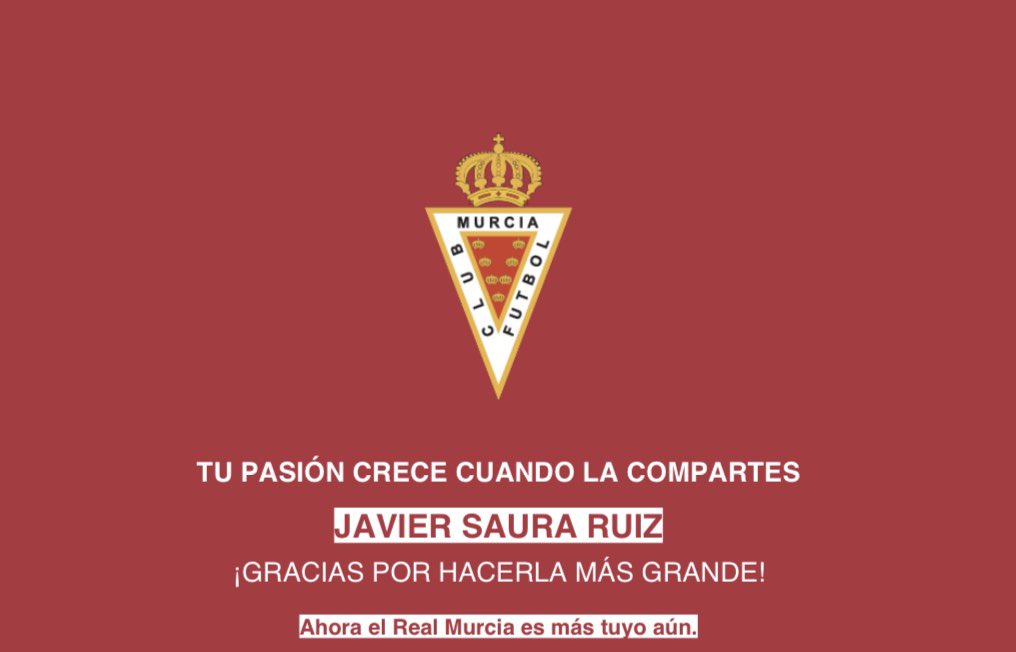 Un club histórico de nuestra región como es el <a href="/realmurciacfsad/">Real Murcia CF</a> necesita nuestra ayuda, podéis aportar a la ampliación de capital desde 0,12€ la acción. 
#HazloSuyo realmurcia.es/hazlosuyo