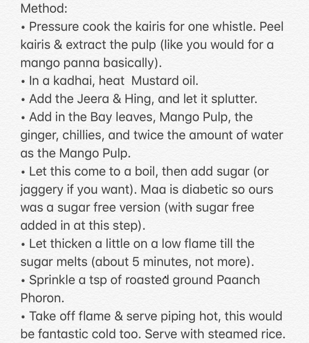 Jugaad Sunday lunch cos yesterday’s rain-storm had many kairis dropping off the Mango Tree. This is a sweet, sour, spicy and very yum Aam’er patla jhol. Paid with piping hot steamed rice, a little ghee, some plain Masoordal or a potato fry. 
(Ingredients &amp; Method in Pics 2 &amp; 3).