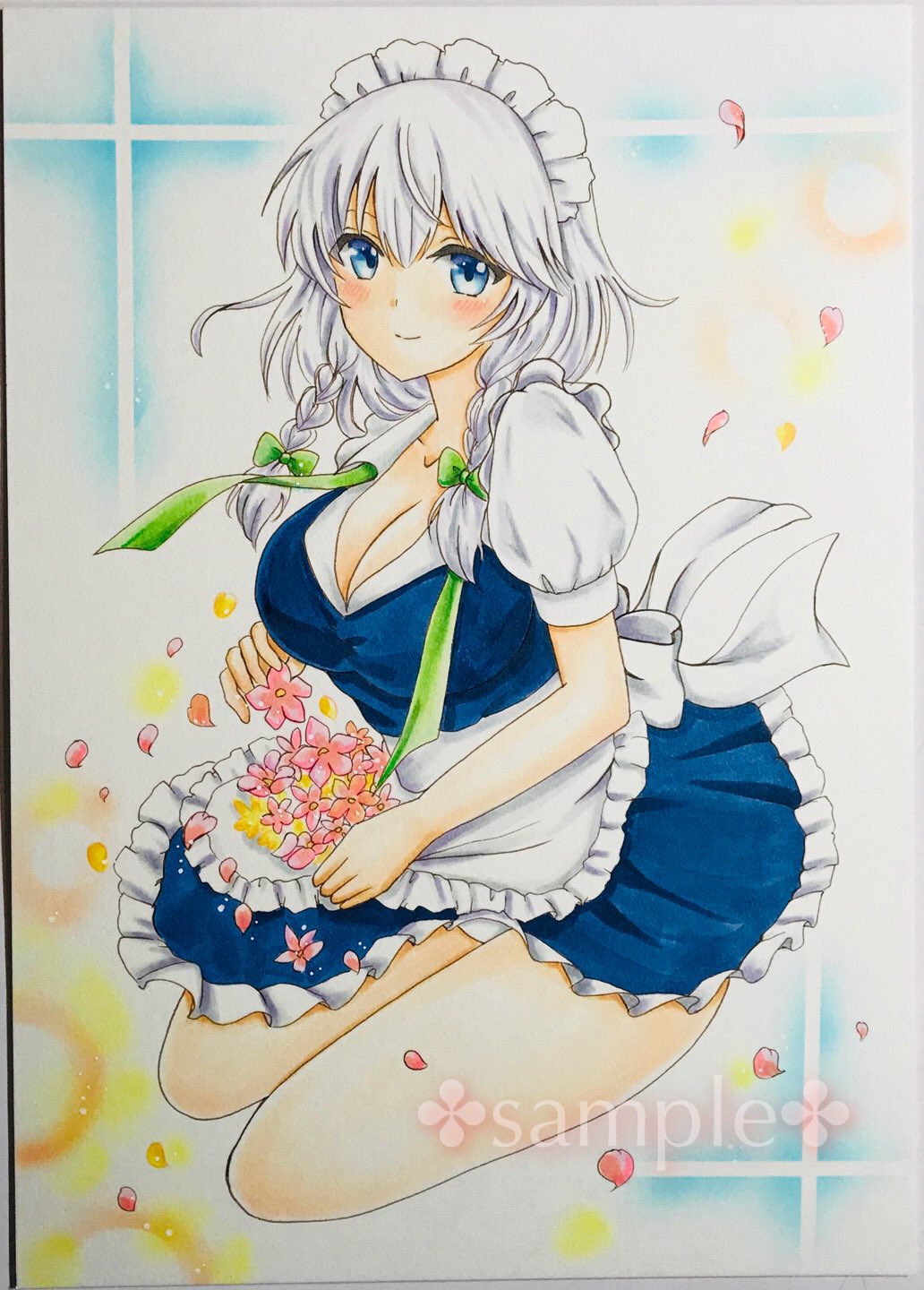 十六夜咲夜／手書きイラスト色紙／東方project 粗い