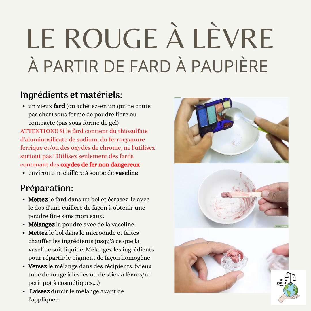 AssoUnionTerre's tweet photo. En ce dernier jour de confinement on vous propose 5 recettes de maquillage maison ! Ceci dit, dernier jour de confinement ne veut pas dire relâchement, alors on continue à faire attention et à respecter les gestes barrières 💪🏼. https://t.co/a591dyKjoZ