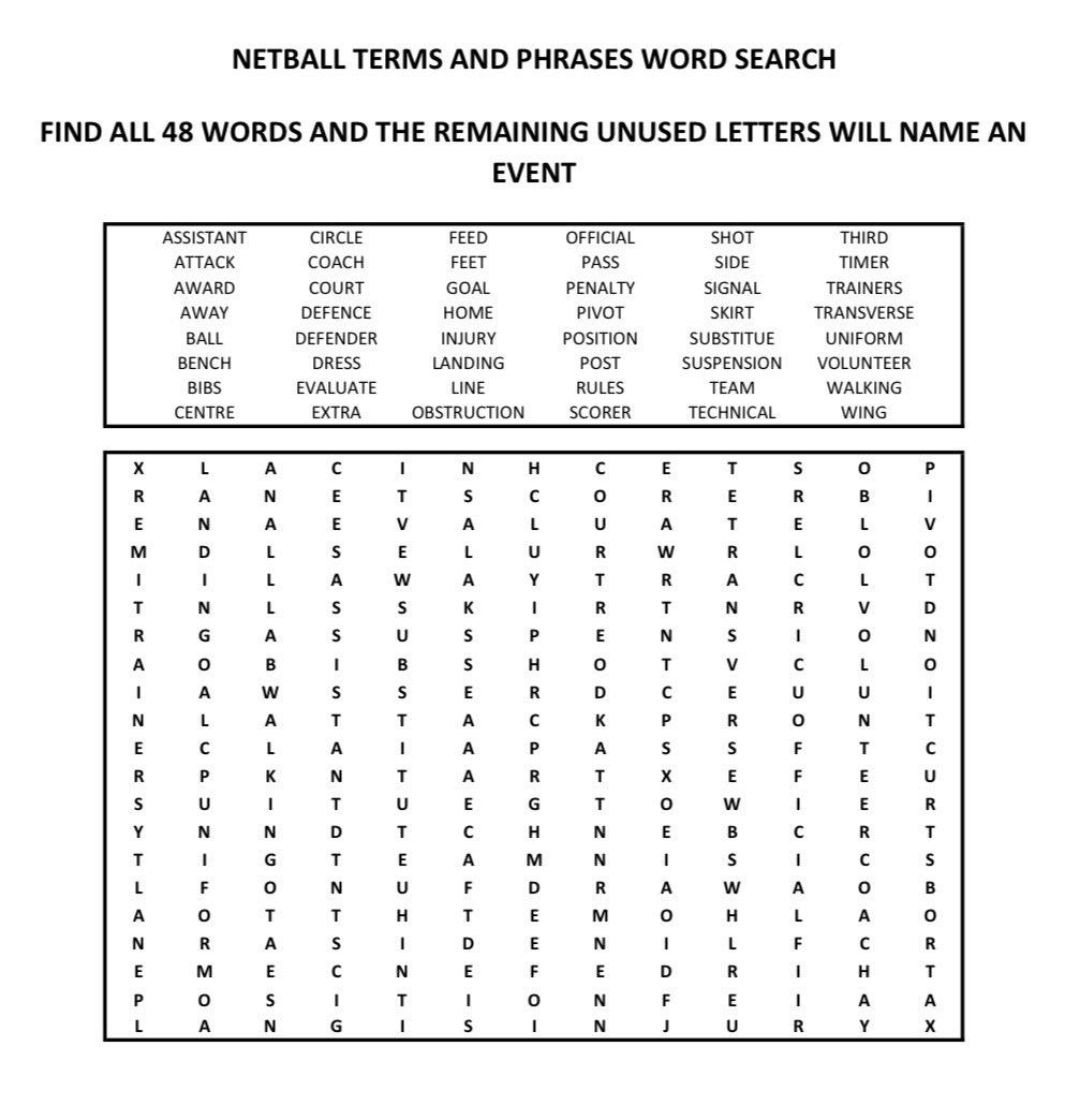 Hi all
Just a little something to do whilst we’re all #StayHomeStaySafe 
Netball Word Search for you 
Answer to the name of the event will be posted next Sunday - 17th <a href="/EnglandNetball/">England Netball</a> @EN_Officiating @IntNetball