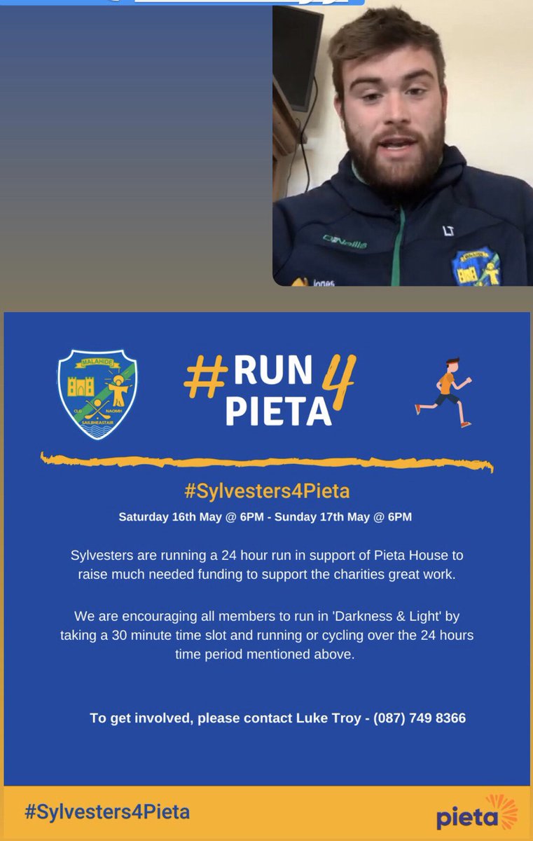 OfficialSylsGAA's tweet photo. Well done to Syl’s Luke Troy who is leading our players on a 24 hr run for @PietaHouse next Sat 16th May from 6pm. Anyone wishing to get involved can sign up for a 30 minute slot with him on 087 7498366. Donations on gofundme live soon https://t.co/7J95la9s4z