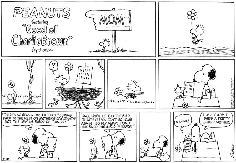 It was common for Woodstock and Snoopy to commemorate Mother's Day, often by lamenting how birds left their young. Here's an example from May 12, 1974.