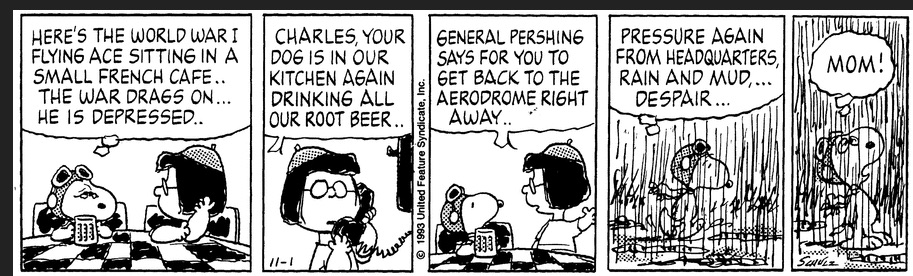Some of the more poignant strips about mothers involve Snoopy at war, a sort of stand-in for Schulz himself, such as this one from November 1, 1993.