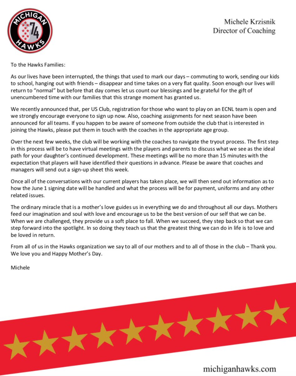 Michigan_Hawks's tweet photo. Our @Michigan_Hawks weekly letter.  Stay Safe and Happy Mother's Day.  #HappyMothersDay #wearefamily #HawksFlyTogether https://t.co/EyZn5oeoRt