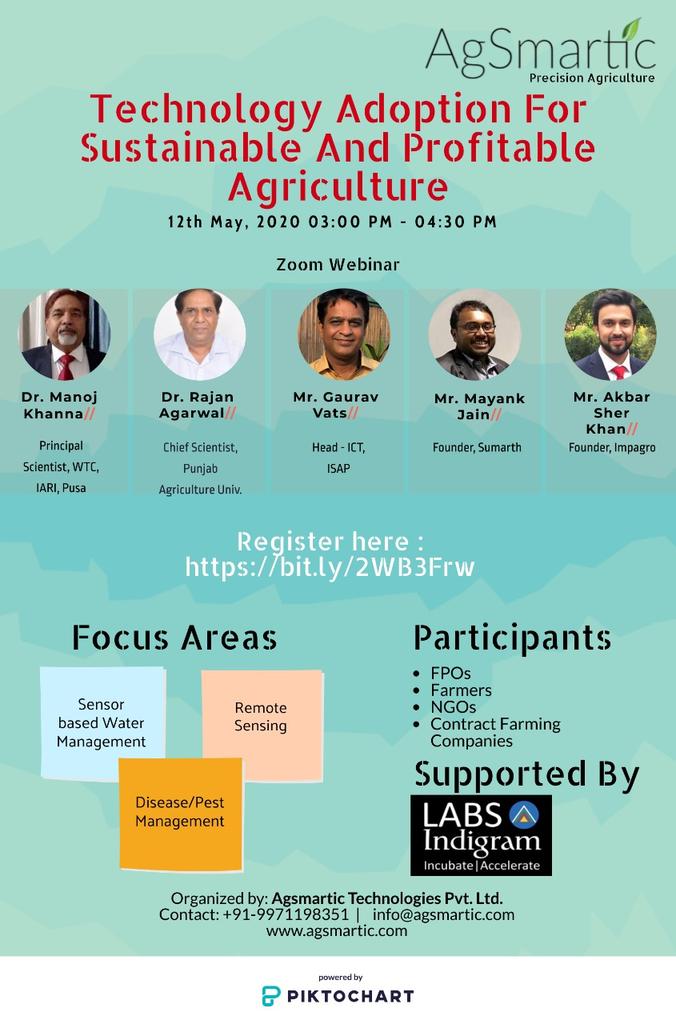 rashiverma's tweet photo. AgSmartic invites you to ’Technology Adoption for Sustainable and Profitable Agriculture’ to discuss some of the most anticipated topics surrounding technology adoption . 

Date &amp; Time

12th May 2020
3 PM to 4:30 PM.

Please click here for registration: https://t.co/S9LDmQncnd https://t.co/DsBblVU2tk