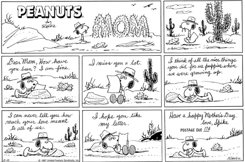 Anyway, I'll end here with a sweet strip from May 10, 1987, with Spike writing a heartfelt letter to his mom. I don't know if Schulz is channeling his feelings here. The repetition of the theme certainly makes it seem so.