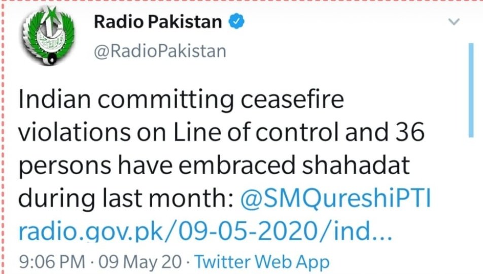 But then there is more to this  https://twitter.com/alok_bhatt/status/1259476252202844161?s=19 than what meets the eye-  @RadioPakistan had  @SMQureshiPTI on record when he accepted that during April month alone 36 of their men (civil and military) embraced shahadat.... does this mean that in 19 days, 34 more died?? Well