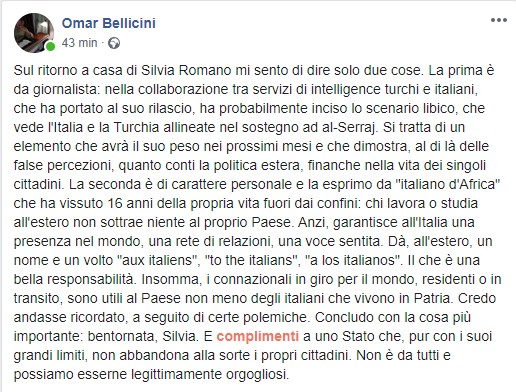 OmarBellicini's tweet photo. #10maggio, #SilviaRomanoLibera. Solo due considerazioni. Una da giornalista. Una da italiano all'estero. https://t.co/r9k5P1htv6