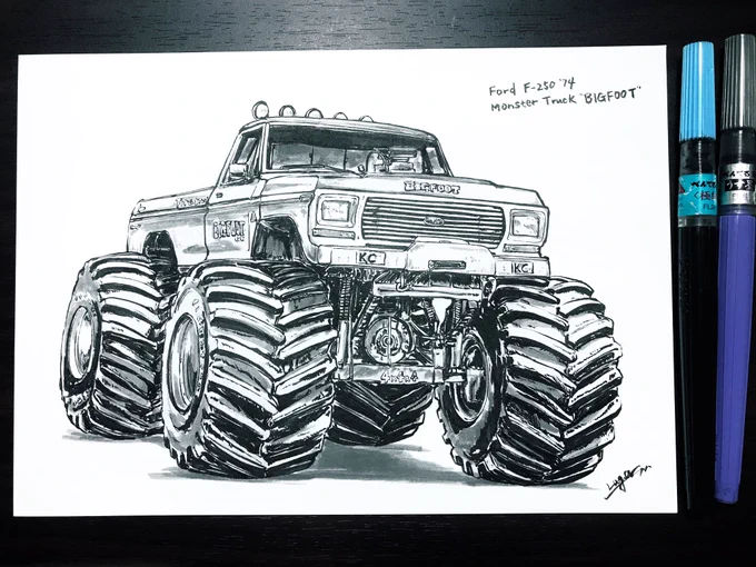 Monster truck "BIGFOOT"筆ペン一発描きですタイヤがちょっといびつになっちゃいました??この手のミニ四駆好きですw 