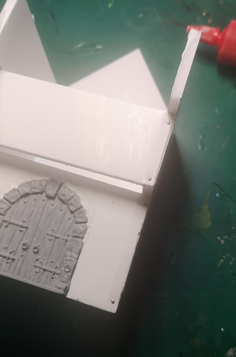 ... And cut the pieces out with a scalpel and steel rule. I mounted the doors at this point. I have glued the pieces together with PVA and secured them with pins. The roof base is just box card #warmongers  #ttrpg